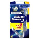 Gillette Sensor 3 Ξυραφάκια μιας Χρήσης με 3 Λεπίδες σε Κινούμενη Κεφαλή 6τμχ (4+2 Δώρο)
