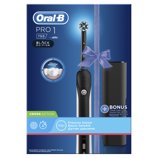 Oral B Pro 750 3D CrossAction Black Edition Ηλεκτρική Οδοντόβουρτσα & Δώρο Θήκη Ταξιδιού 1τμχ