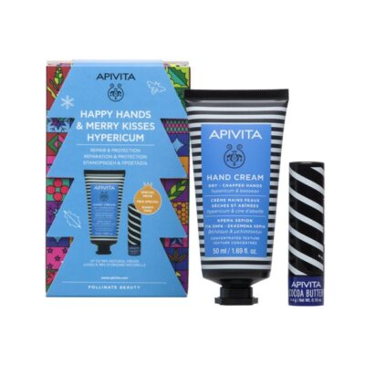Apivita Happy Hands & Merry Kisses Hand Cream Hypericum Κρέμα Χεριών 50ml & Lip Care Cocoa Butter Spf20