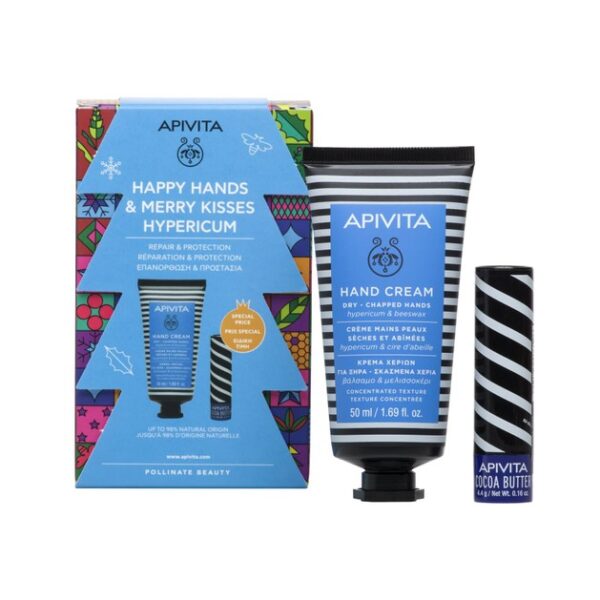 Apivita Happy Hands & Merry Kisses Hand Cream Hypericum Κρέμα Χεριών 50ml & Lip Care Cocoa Butter Spf20