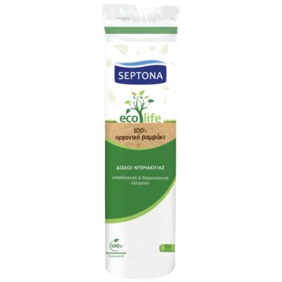 Septona Eco Life Στρογγυλοί Δίσκοι Ντεμακιγιάζ Διπλής Όψης με Ραμμένες Άκρες Από 100% Οργανικό Βαμβάκι 100 Pads