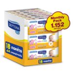 Septona Baby Calm n’ Care Wipes Chamomile Monthly Pack Απαλά Βρεφικά Μωρομάντηλα με Χαμομήλι 18×64 Τεμάχια