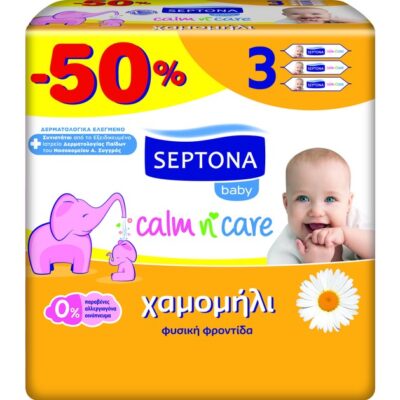 Septona Baby Calm n' Care Wipes Chamomile Απαλά Βρεφικά Μωρομάντηλα με Χαμομήλι 3x64 Τεμάχια Promo -50%
