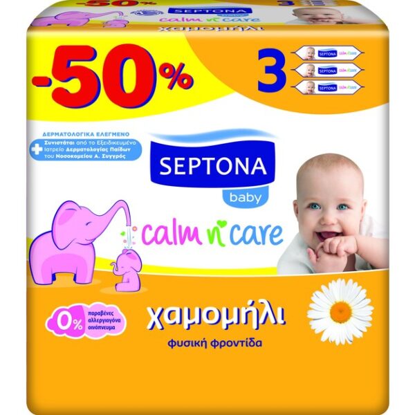 Septona Baby Calm n' Care Wipes Chamomile Απαλά Βρεφικά Μωρομάντηλα με Χαμομήλι 3x64 Τεμάχια Promo -50%