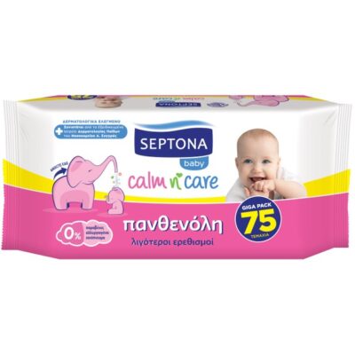 Septona Baby Calm n' Care Wipes Panthenol Απαλά Βρεφικά Μωρομάντηλα με Πανθενόλη για Λιγότερους Ερεθισμούς 75 Τεμάχια