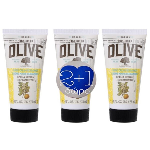 Korres Promo Pure Greek Olive Hand Cream Ενυδατική μη Λιπαρή Κρέμα Χεριών Περγαμόντο 3x75ml