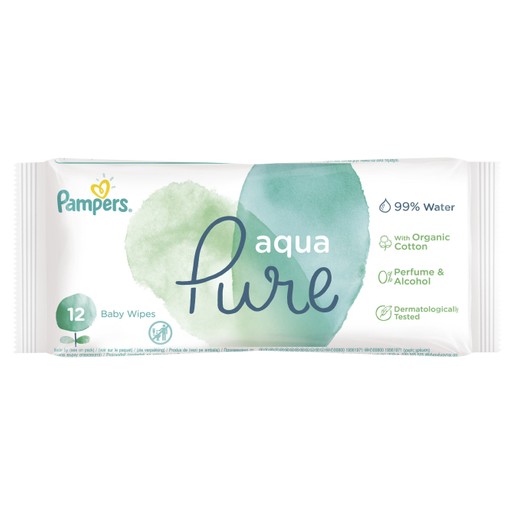 Pampers Aqua Pure Wipes Travel Size Μωρομάντηλα από Βιολογικό Βαμβάκι & 99% Καθαρό Νερό 12 Baby Wipes