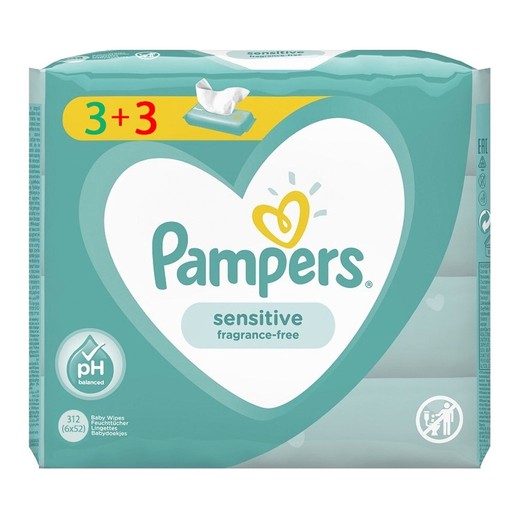Pampers Πακέτο Προσφοράς Sensitive Wipes Μωρομάντηλα Ιδανικά για την Ευαίσθητη Επιδερμίδα 6x52 Wipes