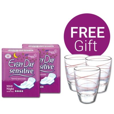 EveryDay Sensitive Ultra Plus Πακέτο Προσφοράς Night 10τμχ + Night 10τμχ & ΔΩΡΟ Σετ 3 Ποτήρια Νερού Decover