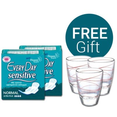 EveryDay Sensitive Ultra Plus Πακέτο Προσφοράς Normal 10τμχ + Normal 10τμχ & ΔΩΡΟ Σετ 3 Ποτήρια Νερού Decover
