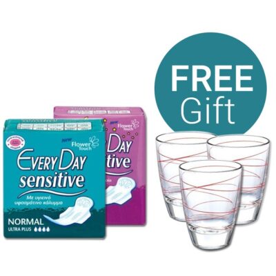 EveryDay Sensitive Ultra Plus Πακέτο Προσφοράς Maxi Night 10τμχ + Normal 10 τμχ & ΔΩΡΟ Σετ 3 Ποτήρια Νερού Decover