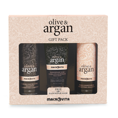 Macrovita Olive & Argan Αναδομητικό Σαμπουάν 200ml Γαλάκτωμα μαλλιών 200ml Δώρο Μάσκα Επανόρθωσης Μαλλιών 100ml