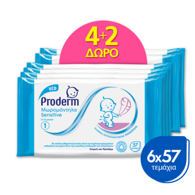 Proderm Πακέτο Προσφοράς Sensitive Μωρομάντηλα για την Ευαίσθητη Επιδερμίδα του Νεογέννητου 0-12 Μηνών 57 Τεμάχια 4+2 Δώρο