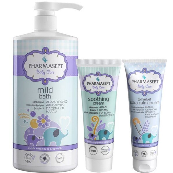 Pharmasept Πακέτο Προσφοράς Baby Care Mild Bath 1Lt & Tol Velvet Baby Soothing Cream 150ml & Baby Extra Calm Cream 150ml