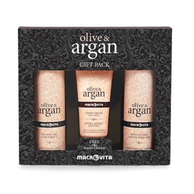 Macrovita Gift Pack Olive & Argan Shower Gel 200ml & Hand Cream Anti-Spot 100ml & Body Lotion 200ml