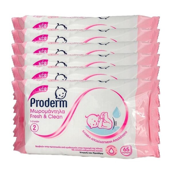 Proderm Πακέτο Προσφοράς Fresh & Clean Μωρομάντηλα για την Προστασία από Ερεθισμούς στην Περιοχή της Πάνας 1-3 Ετών 6x65 Τεμάχια