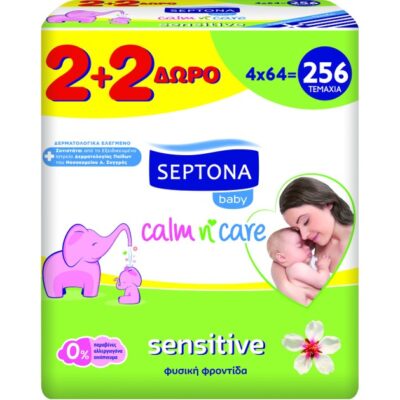 Septona Baby Calm n' Care Wipes Sensitive Απαλά Βρεφικά Μωρομάντηλα για την Ευαίσθητη Επιδερμίδα 4x64 Τεμάχια 2+2 Δώρο