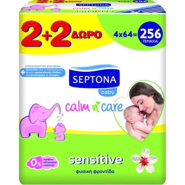 Septona Baby Calm n' Care Wipes Sensitive Απαλά Βρεφικά Μωρομάντηλα για την Ευαίσθητη Επιδερμίδα 4x64 Τεμάχια 2+2 Δώρο