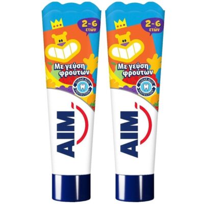 Aim Πακέτο Προσφοράς Παιδική Οδοντόκρεμα με Γεύση Φρούτων 2-6 Ετών 2x50ml 1+1 Δώρο