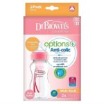 Dr. Brown’s Natural Flow Options Anti-Colic Πλαστικό Μπιμπερό με Φαρδύ Λαιμό & Θηλή Σιλικόνης Ροζ Χρώμα 2x270ml WB 92601