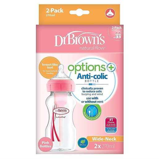 Dr. Brown's Natural Flow Options Anti-Colic Πλαστικό Μπιμπερό με Φαρδύ Λαιμό & Θηλή Σιλικόνης Ροζ Χρώμα 2x270ml WB 92601