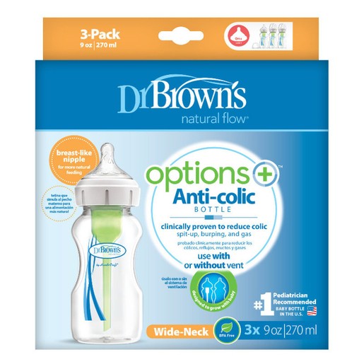 Dr. Brown's Natural Flow Options Anti-Colic Πλαστικό Μπιμπερό με Φαρδύ Λαιμό & Θηλή Σιλικόνης Μπλε Χρώμα 3x270ml WB 93600
