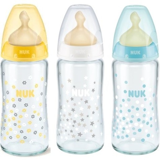 Nuk First Choice Plus Γυάλινο Μπιμπερό με Θηλή Καουτσούκ Μεγέθους 1 (0-6 Μηνών) Medium 240ml