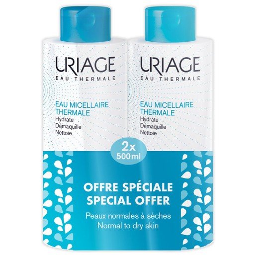 Uriage Promo Eau Thermale Micellaire Sensitive Skin Αφαιρεί Τέλεια το Μακιγιάζ για Κανονικές Ξηρές Επιδερμίδες 2x500ml