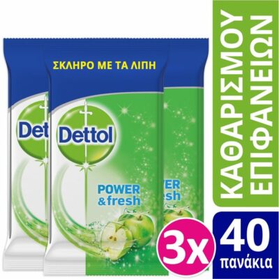Dettol Πακέτο Προσφοράς Surface Clean Wipes Υγρά Πανάκια Καθαρισμού με Άρωμα Πράσινο Μήλο για Όλες τις Επιφάνειες 3x40 Τεμάχια
