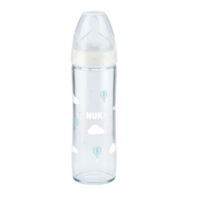 Nuk New Classic Γυάλινο Μπιμπερό με Θηλή Σιλικόνης Λευκό Μεγέθους 1 (0-6 Μηνών) Medium Οπή 240ml