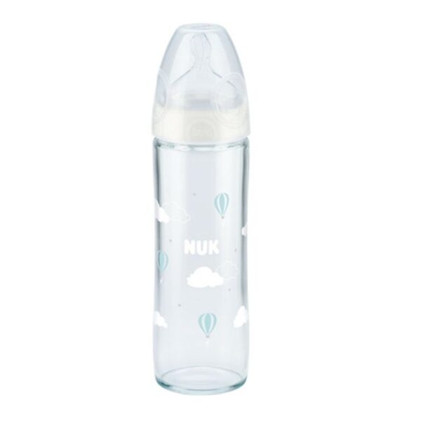Nuk New Classic Γυάλινο Μπιμπερό με Θηλή Σιλικόνης Λευκό Μεγέθους 1 (0-6 Μηνών) Medium Οπή 240ml