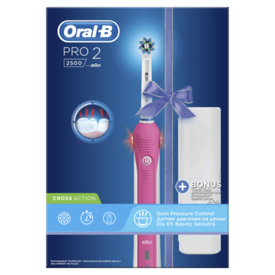 Oral-B PRO 2 2500 Cross Action Pink Επαναφορτιζόμενη Ηλεκτρική Οδοντόβουρτσα με Αισθητήρα Πίεσης Ούλων & Θήκη Ταξιδίου