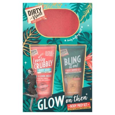 Dirty Works Glow On Then Body Prer Kit Lovely Scrubbly Body Scrub 150ml & Bring it On Body Shimmer Gel 150ml & Body Buffing Mitt