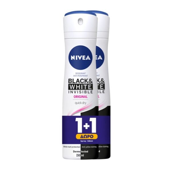 Nivea Deo Black & White Clear Invisible Spray Γυναικείο Αποσμητικό Κατά των Λευκών Σημαδιών 2x150ml 1+1 Δώρο