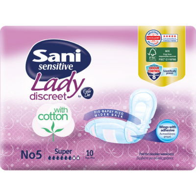 Sani Sensitive Lady With Cotton No5 Super Σερβιέτες Ακράτειας με Βαμβάκι 10 Τεμάχια