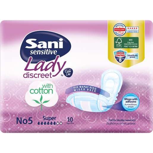 Sani Sensitive Lady With Cotton No5 Super Σερβιέτες Ακράτειας με Βαμβάκι 10 Τεμάχια