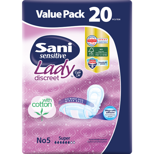 Sani Sensitive Lady Discreet No5 Super για Ελαφράς Μορφής Ακράτεια κι Άλλες Ειδικές Χρήσεις 20τμχ