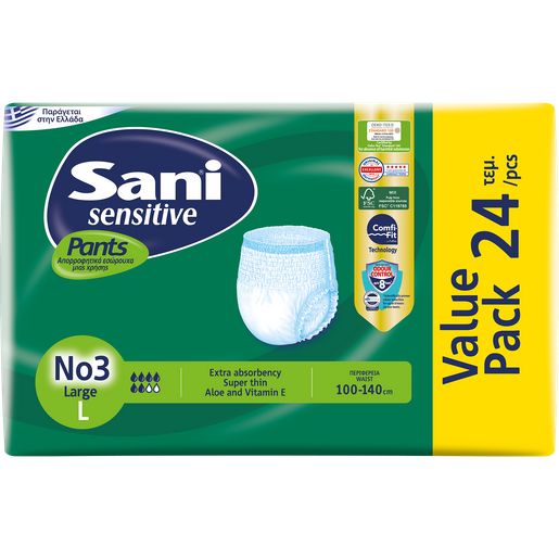 Sani Sensitive Pants Νο 3 Value Pack Large 100-140cm Ελαστικό Εσώρουχο Ακράτειας 24 Τεμάχια