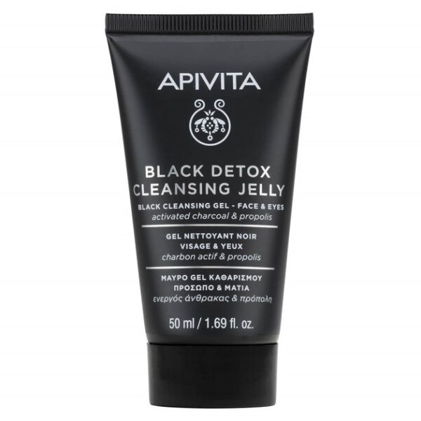Apivita Mini Black Detox Cleansing Jelly Μαύρο Gel Καθαρισμού για Πρόσωπο & Μάτια με Ενεργό Άνθρακα & Πρόπολη 50ml