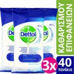 Dettol Πακέτο Προσφοράς Surface Clean Wipes Υγρά Πανάκια Καθαρισμού Χωρίς Άρωμα για Όλες τις Επιφάνειες 3×40 Τεμάχια