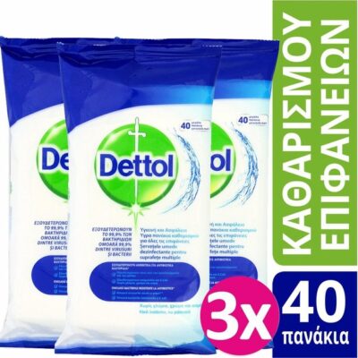 Dettol Πακέτο Προσφοράς Surface Clean Wipes Υγρά Πανάκια Καθαρισμού Χωρίς Άρωμα για Όλες τις Επιφάνειες 3x40 Τεμάχια