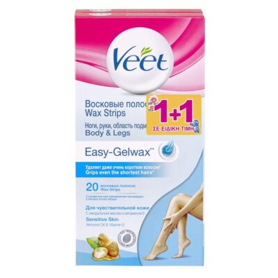 Veet Easy-Gelwax Legs & Body Ταινίες Κεριού για Ευαίσθητη Επιδερμίδα με Αμυγδαλέλαιο & Βιταμίνη Ε 2x20 Strips σε Ειδική Τιμή