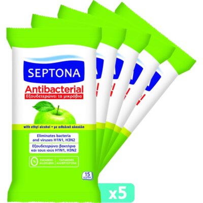 Septona Πακέτο Προσφοράς Antibacterial Wipes Green Apple Αντιβακτηριδιακά Μαντηλάκια Χεριών με Άρωμα Πράσινο Μήλο 75 Τεμάχια
