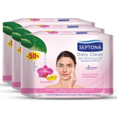 Septona Πακέτο Προσφοράς Daily Clean Μαντηλάκια Ντεμακιγιάζ Προσώπου Ματιών με Εκχύλισμα Ορχιδέας & Βιταμίνη F 60Wipes