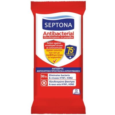 Septona Antibacterial Refresh Antiseptic Αντιβακτηριδιακά Μαντηλάκια 75% Ethanol 15 Wipes