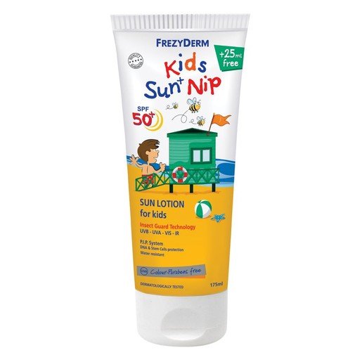 Frezyderm Kids Sun + Nip Spf50+ Παιδικό Αντιηλιακό Γαλάκτωμα για Πρόσωπο & Σώμα με Εντομοαπωθητικούς Παράγοντες 175ml