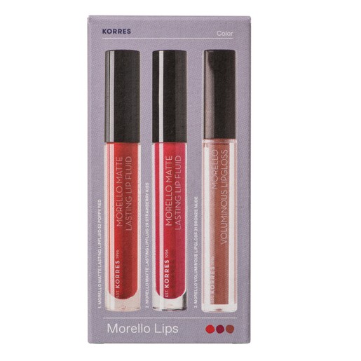 Korres Promo Morello Matte Lip Fluid No52 Poppy Red & No29 Strawberry Kiss 2x3.4ml & Voluminous Lipgloss No31 Bronze Nude 4ml