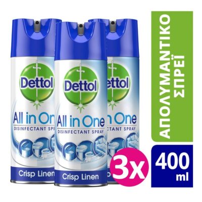 Dettol Πακέτο Προσφοράς All In One Spray Crisp Linen Απολυμαντικό Spray για Σκληρές & Μαλακές Επιφάνειες 3x400ml