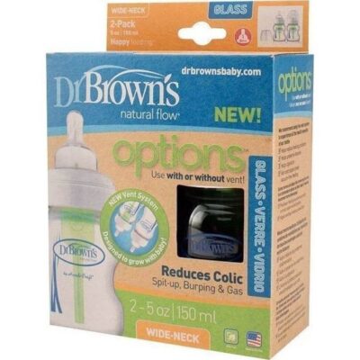 Dr. Brown's Natural Flow Options Γυάλινα Μπιμπερό με Φαρδύ Λαιμό & Θηλή Σιλικόνης 0m+ 2Τμχ 150ML 16/WB 5200