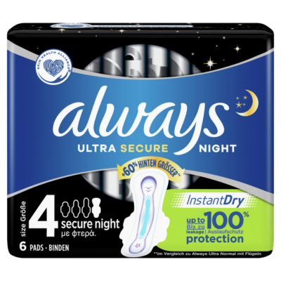 Always Σερβιέτες Ultra Secure Night Σερβιέτες για Αίσθηση Καθαριότητας & Φρεσκάδας για Μέχρι & 8 Ώρες 6 τεμάχια